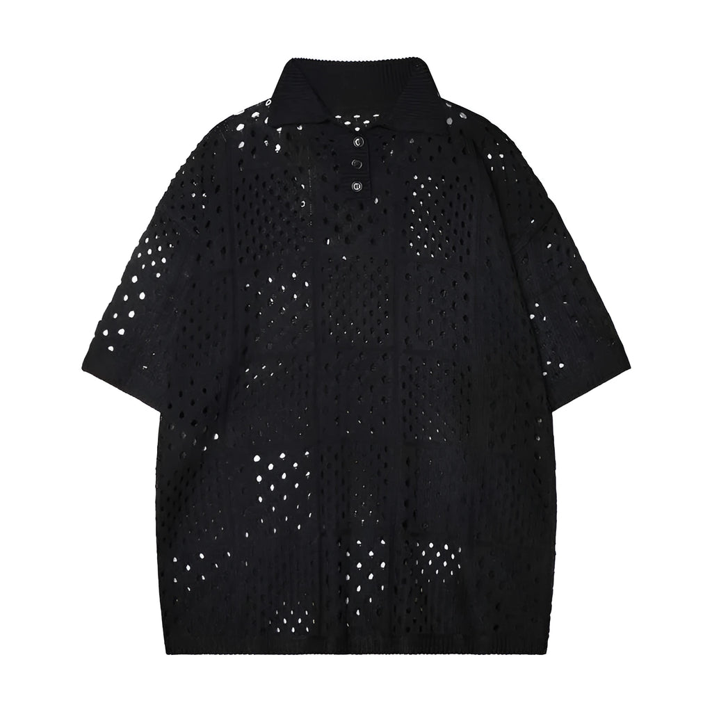 Short-sleeved polo shirt in loose cardigan style for teenagers, available in black or white colours