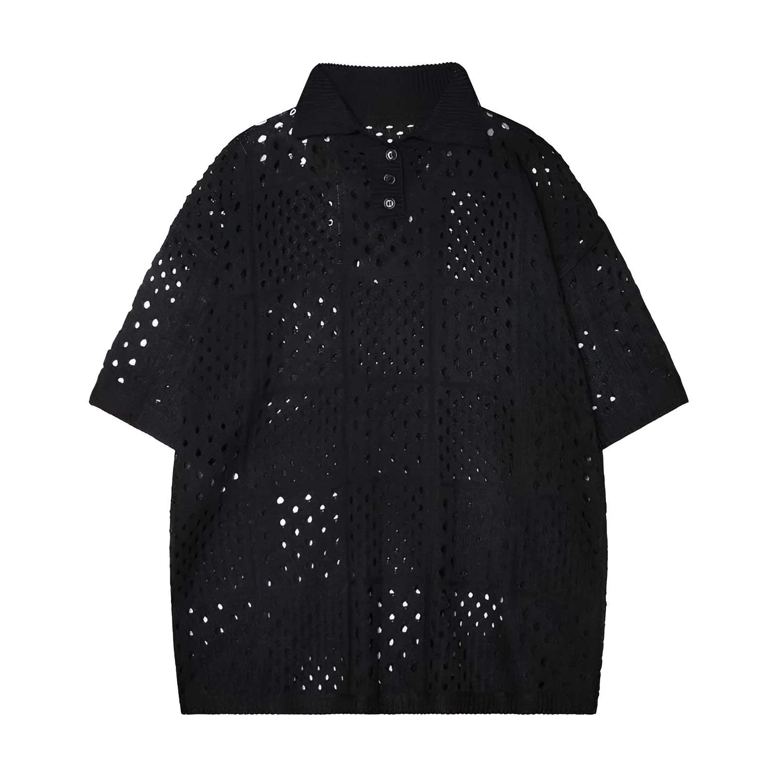 Short-sleeved polo shirt in loose cardigan style for teenagers, available in black or white colours