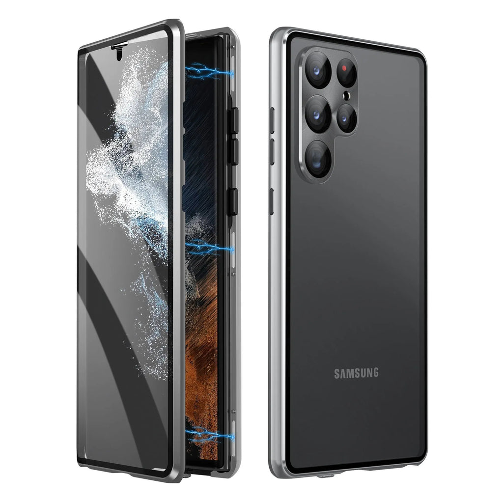 Black metal magnetic phone case with mirror for Samsung Galaxy S24 Ultra on a table.