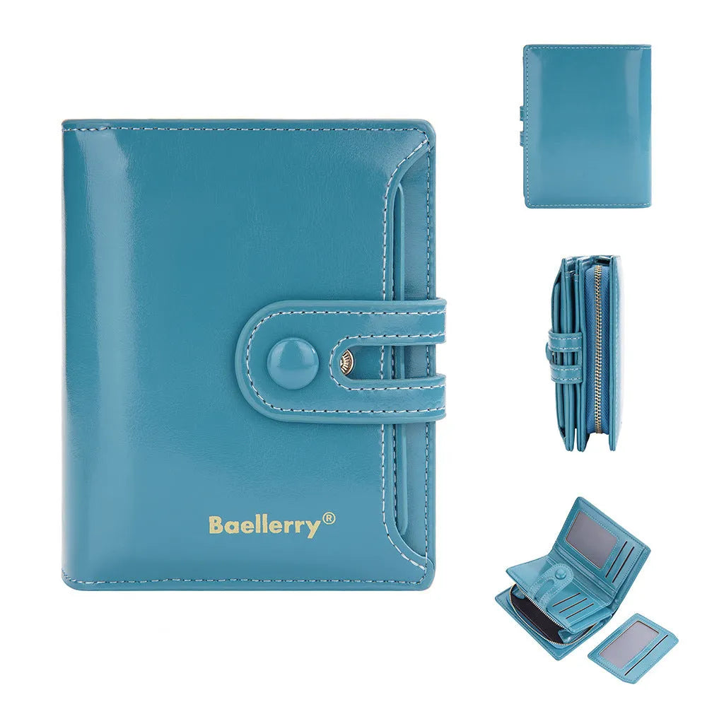 Women's PU leather card holder wallet shown in one of eight available colours.