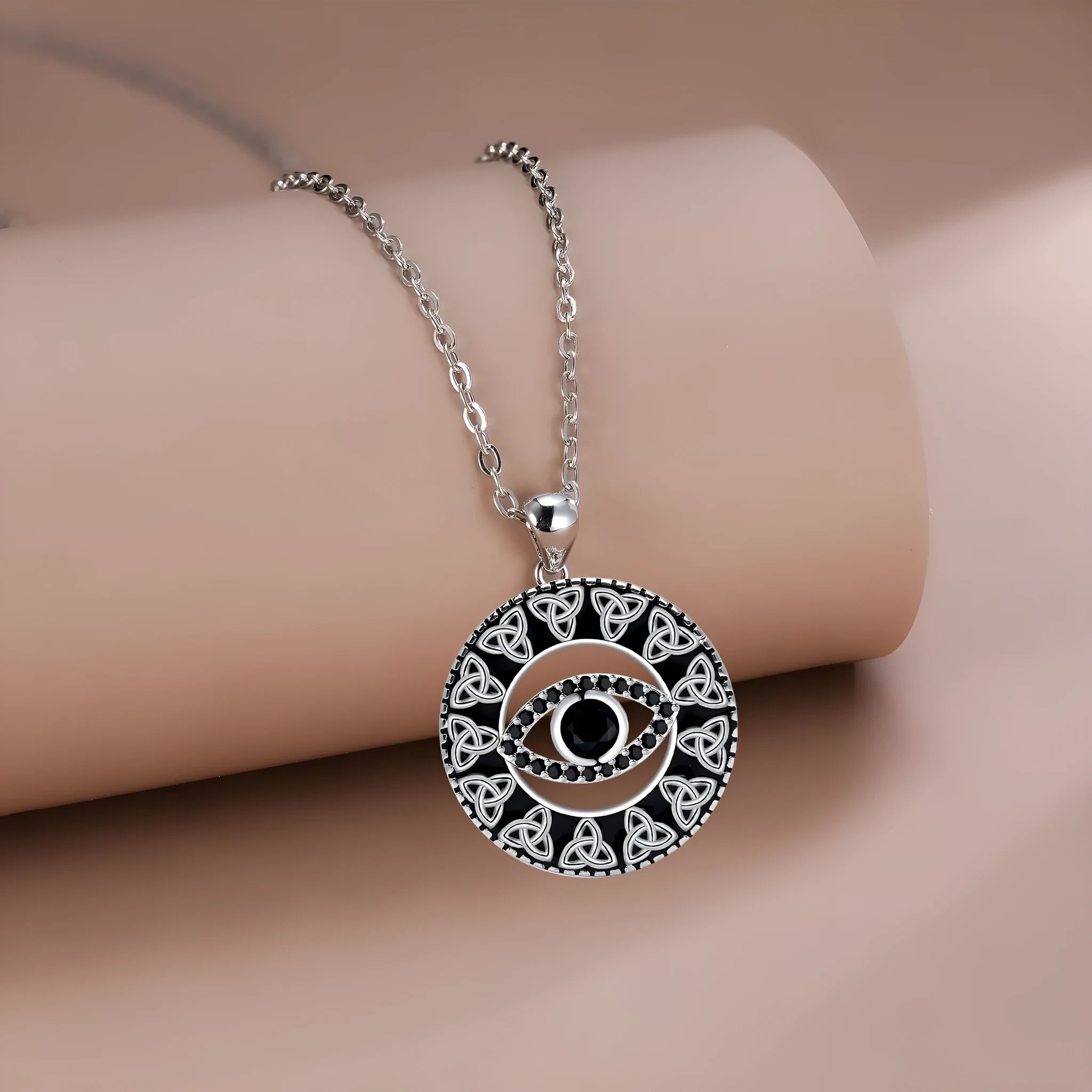 Devil's Eye necklace for women with copper pendant and cross chain in electroplated silver-tone finish