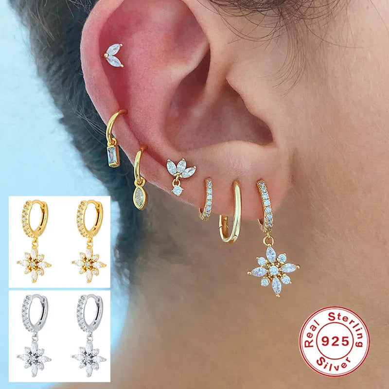 S925 sterling silver geometric snowflake earrings with gemstone inlays in gold colour options