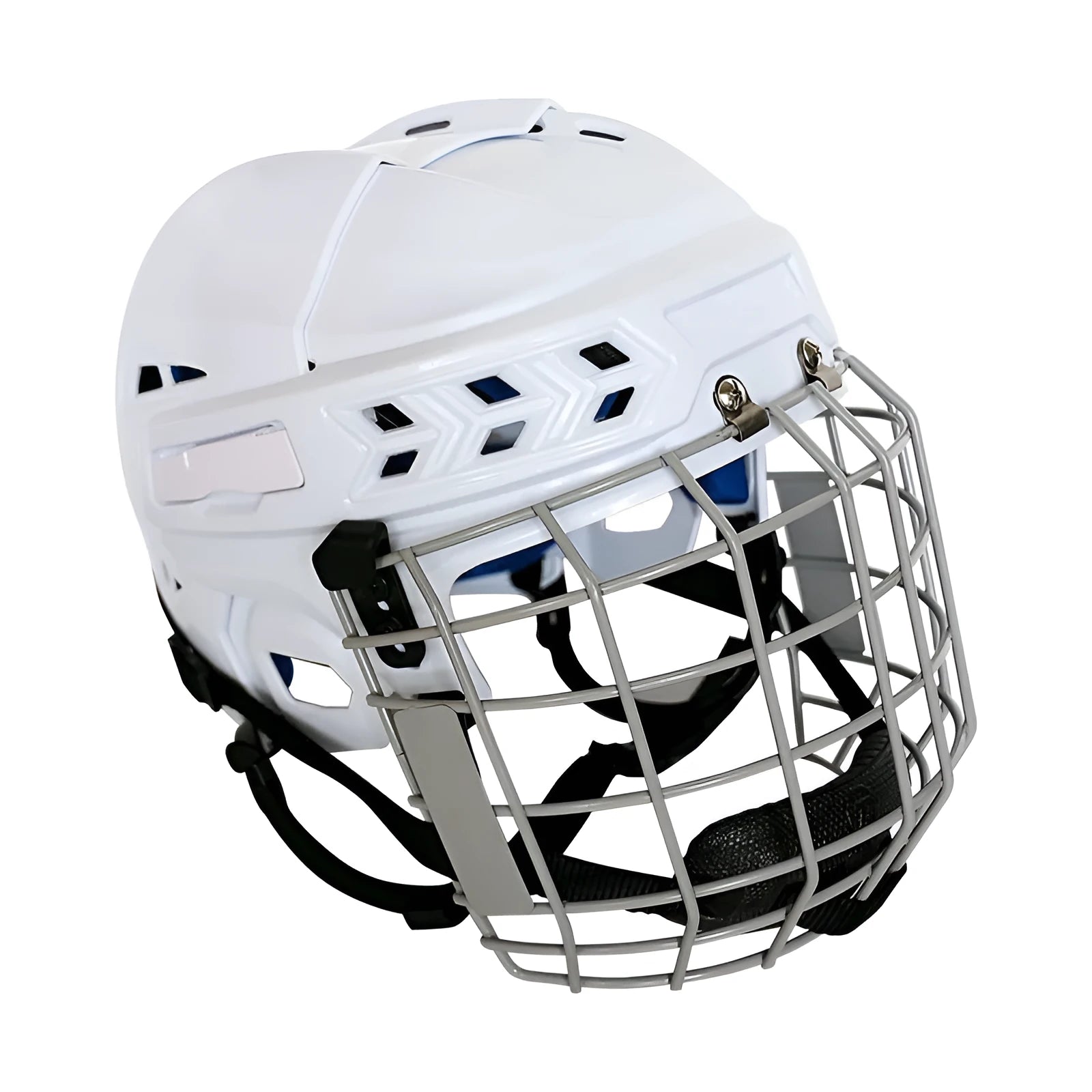 Ice hockey helmet with a carbon steel face mask shown in size S, M, L, or XL on a neutral background.