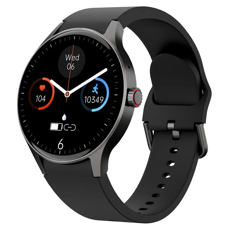 Smart Bluetooth sport watch with 1.43 inch round screen and IP68 waterproof rating in black blue pink or red