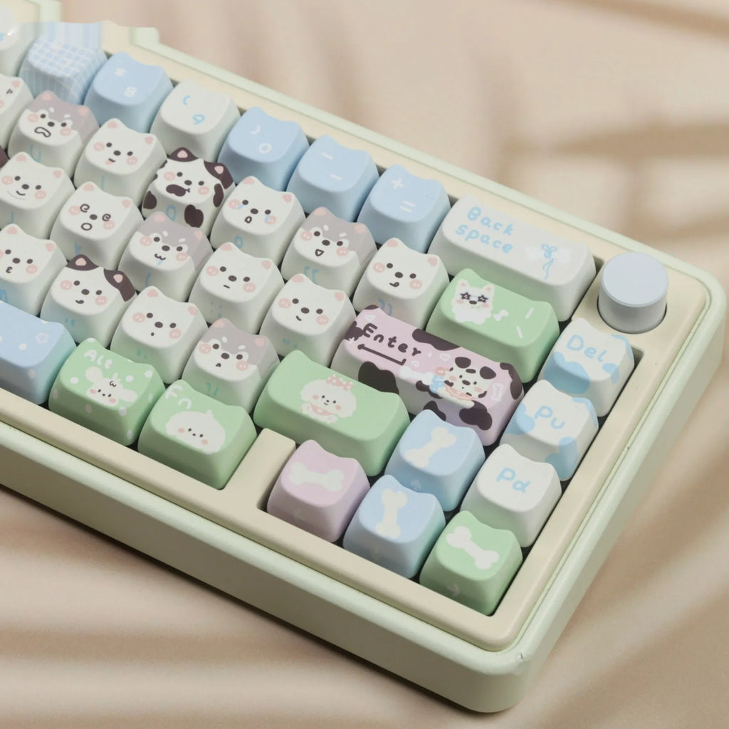 PBT sublimation keycap set with colourful cartoon puppy and cat designs for mechanical keyboards