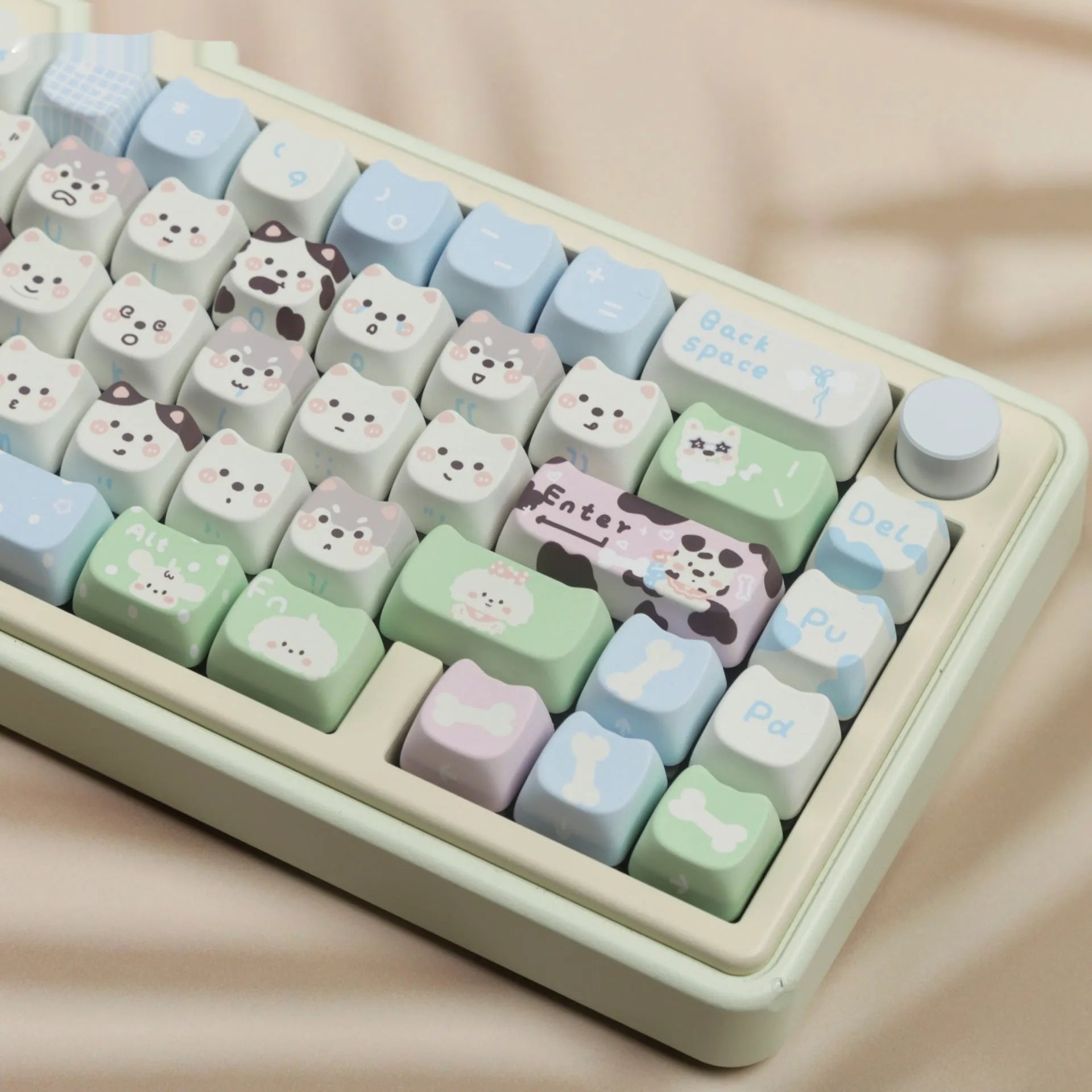 PBT sublimation keycap set with colourful cartoon puppy and cat designs for mechanical keyboards