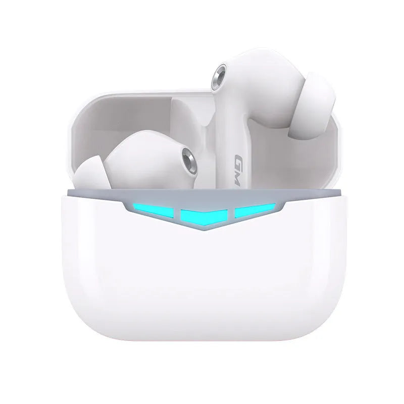 True wireless black in-ear gaming headphones with a white charging case and spare ear tips