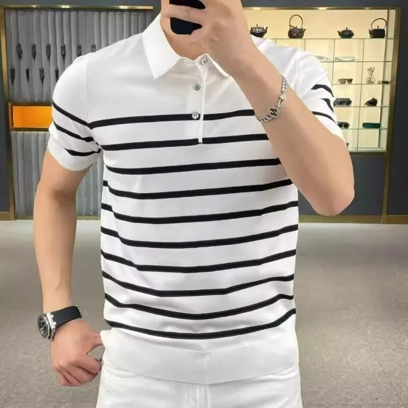 Black and white striped pullover T-shirt with lapel design in Asian sizes M to 3XL