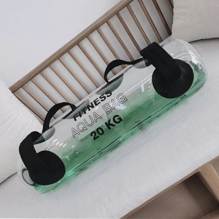 Transparent PVC inflatable weight lifting bag filled with water, showing weight scale options from 5kg to 35kg.