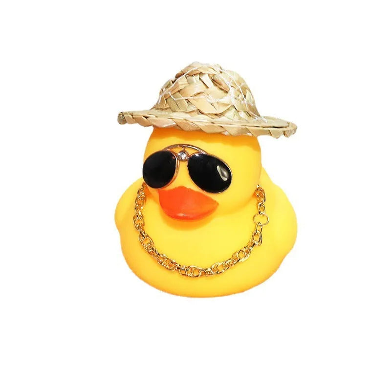 Straw hat yellow duck cartoon car dashboard ornament with sunglasses accessory on matte finish