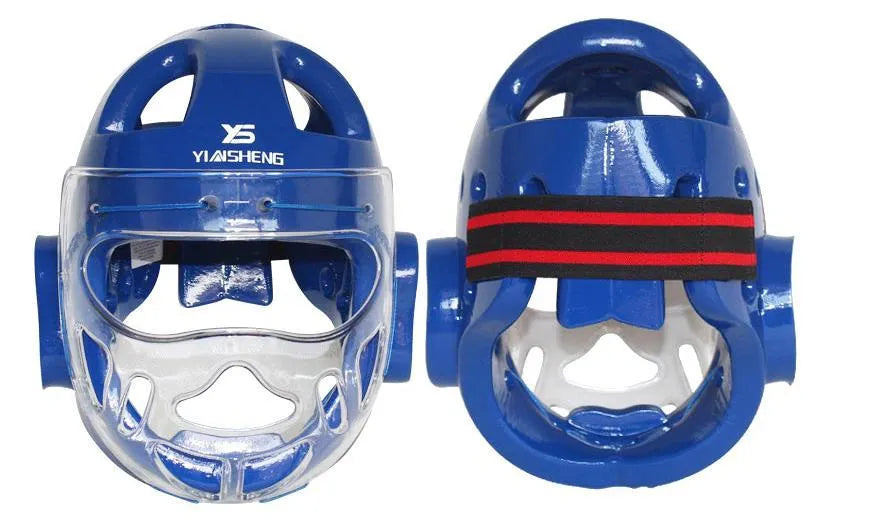 White, blue, and red karate boxing helmet headgear in sizes S, M, L, XL for head protection.