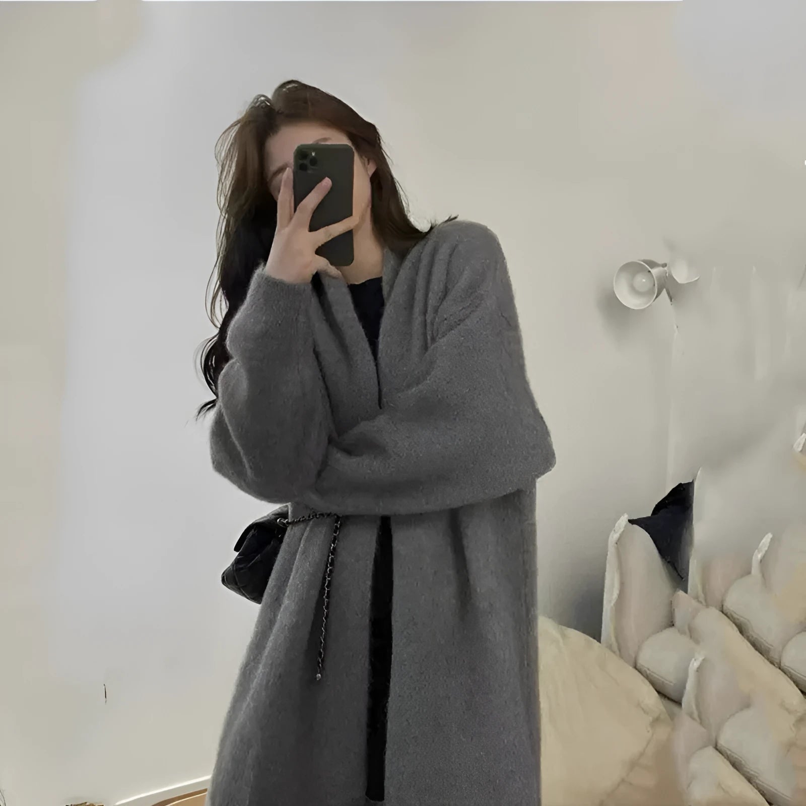 Loose fit dark grey knitted cardigan for women with thick Chenille fabric and long sleeves.
