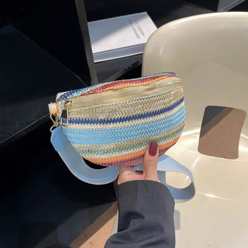 Blue straw weave bohemian beach shoulder bag with zip compartment and single strap