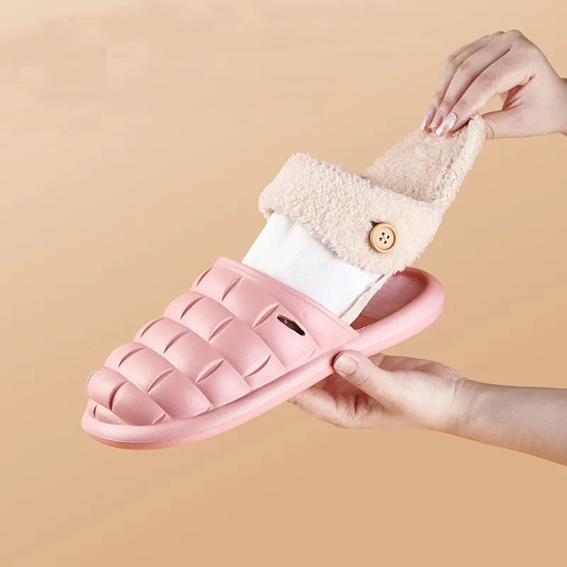 Women's detachable plaid winter slippers with plush lining and non-slip EVA soles in various colours