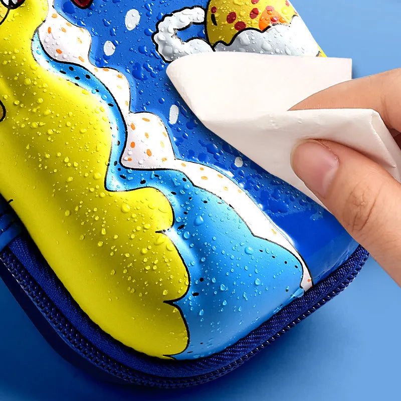 3D leather pencil case in a box shape showing one of the available design options such as a spaceship or unicorn