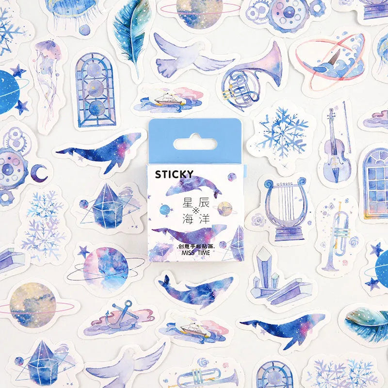 Pack of 46 small colourful cartoon decorative stickers for journals, shown with themed sets.