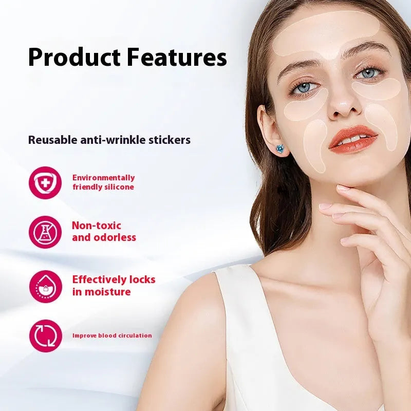 Five clear silicone anti-wrinkle face patches for forehead and eye area on white background