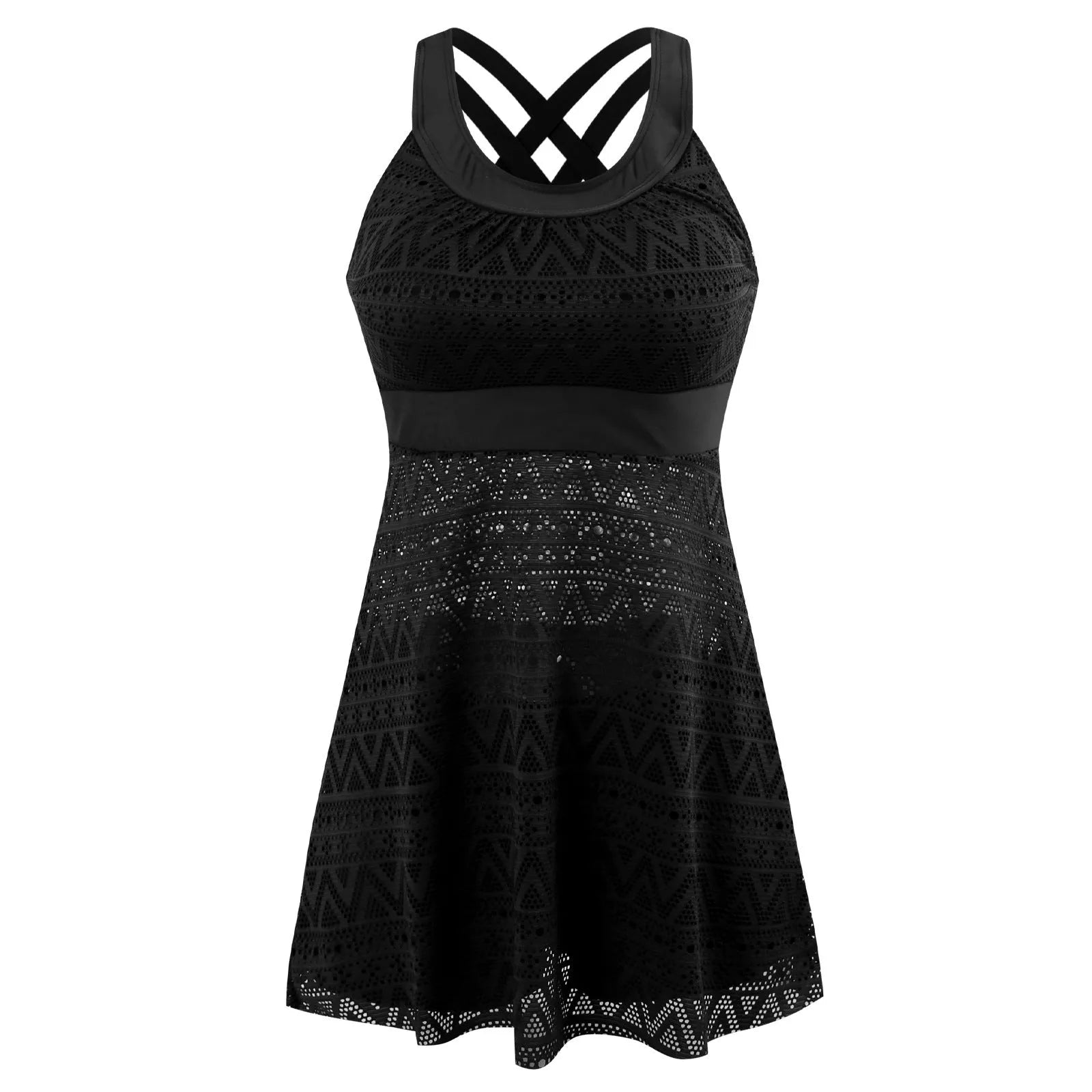 Black conservative slimming split swimsuit bikini for ladies with briefs style on a mannequin.