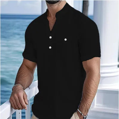 Men's loose fit linen blend short sleeve T-shirt with a stand collar in a light colour.