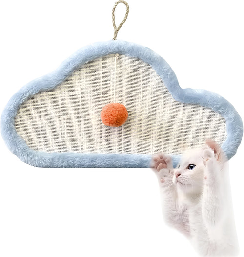 White cat scratching mat with sleeping cat cartoon design made from natural sisal fibres