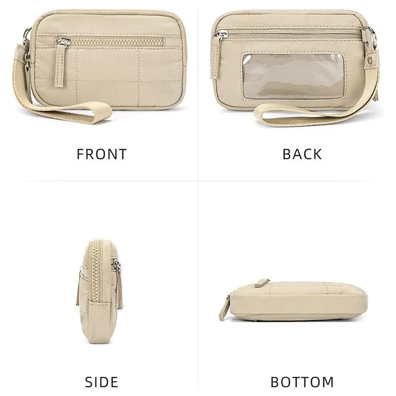 Waterproof quilted nylon handbag with transparent deck section in solid colour with urban simplicity styling