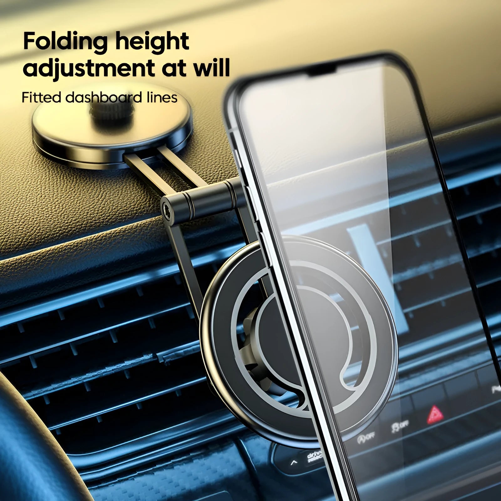 Telescopic folding car phone holder with magnetic suction dashboard mount in black or silver