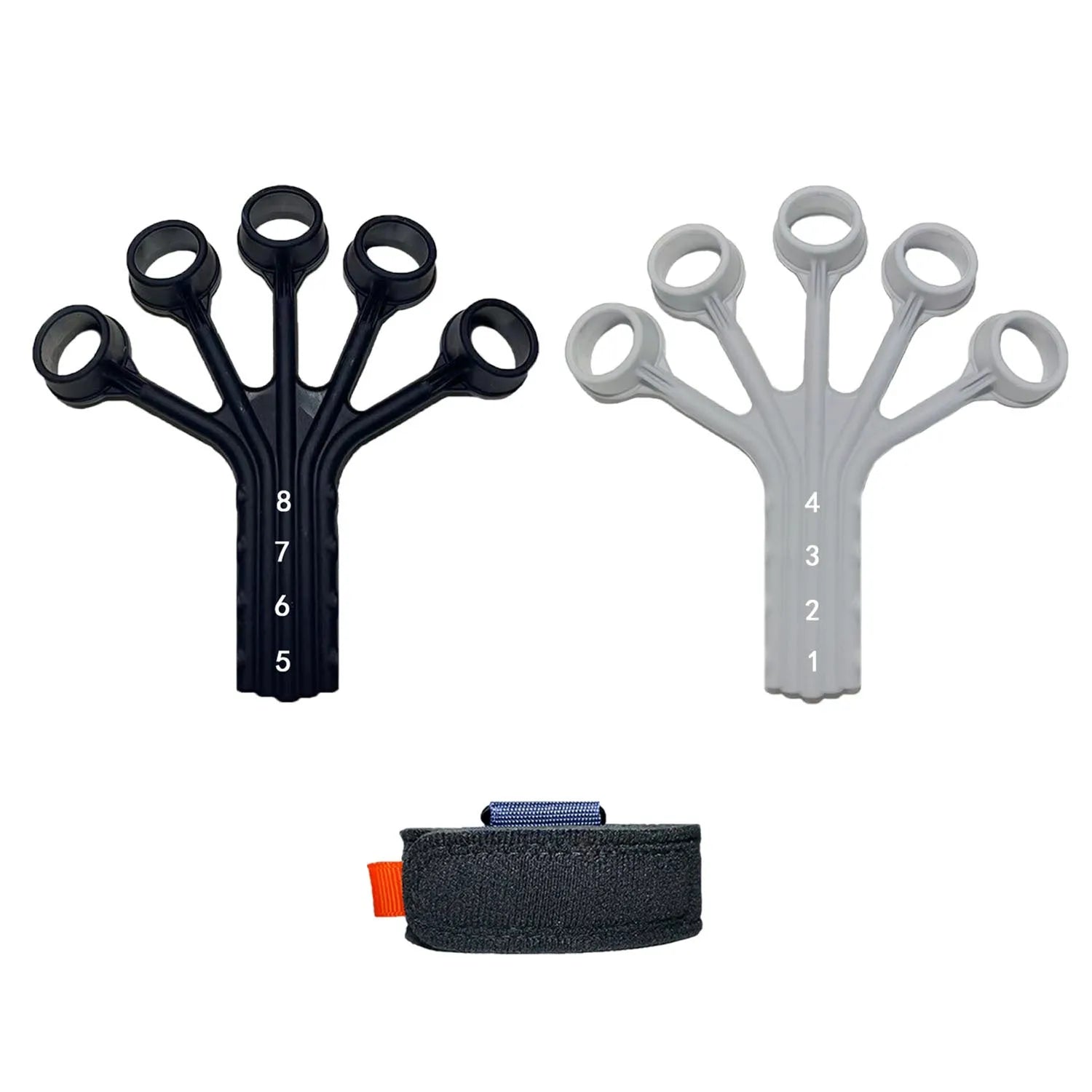 Black or grey silicone finger flexion and extension trainer with adjusting belt for adult hand rehabilitation
