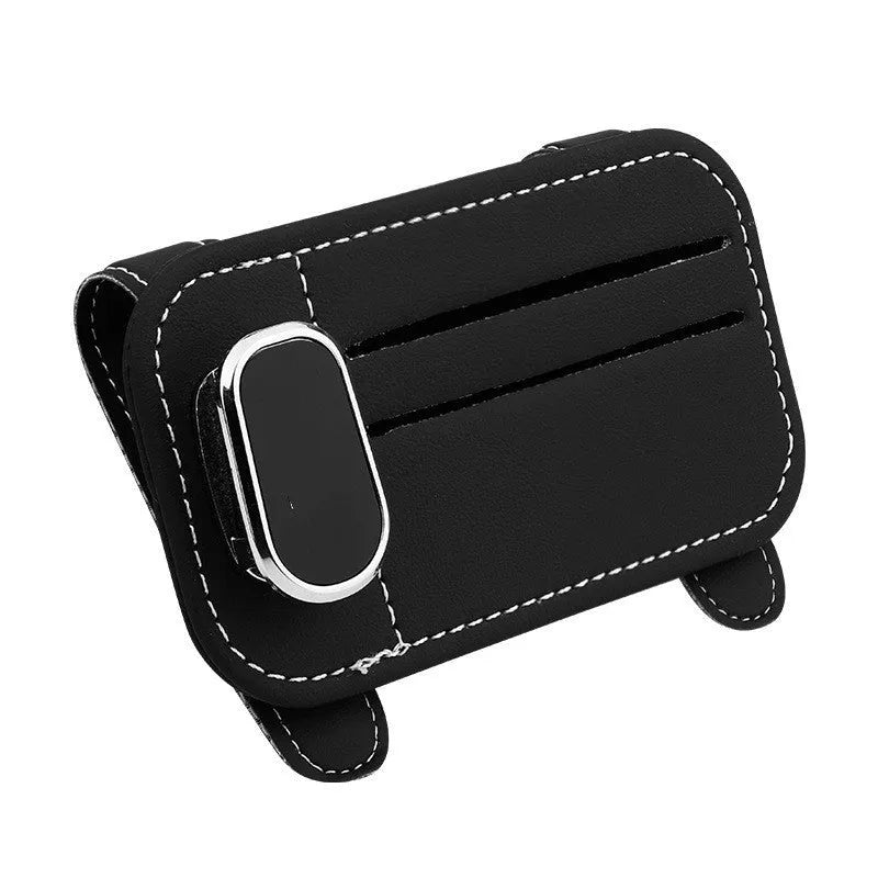 Beige leather car sun visor card holder with a glasses clip shown installed on a vehicle visor.