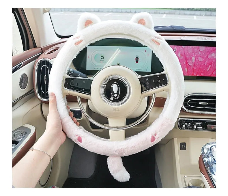 Winter plush steering wheel cover with cartoon animal embroidery, 38cm diameter