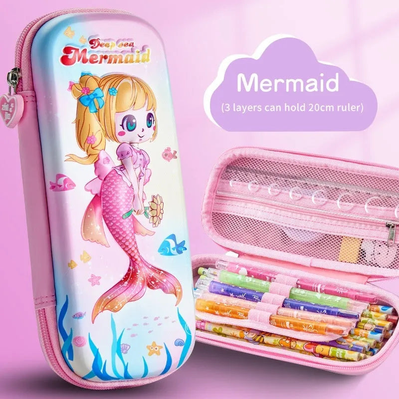 3D leather pencil case in a box shape showing one of the available design options such as a spaceship or unicorn