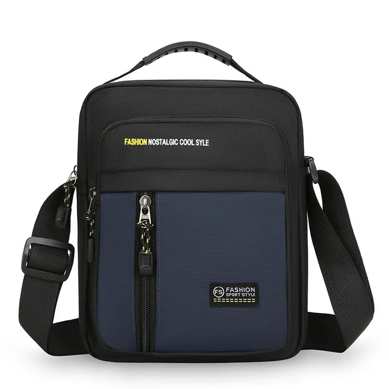 Men's nylon crossbody messenger bag with sewing thread detailing in black, blue, green, or grey.