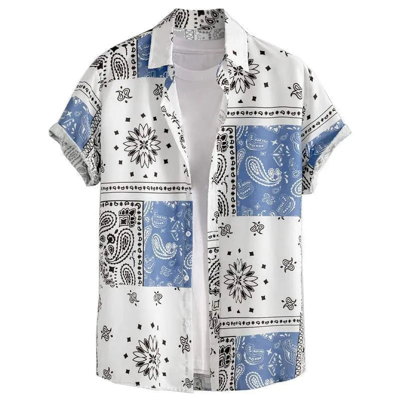 Men's slim fit Hawaiian short sleeve shirt with digital printing on elastic polyester fabric