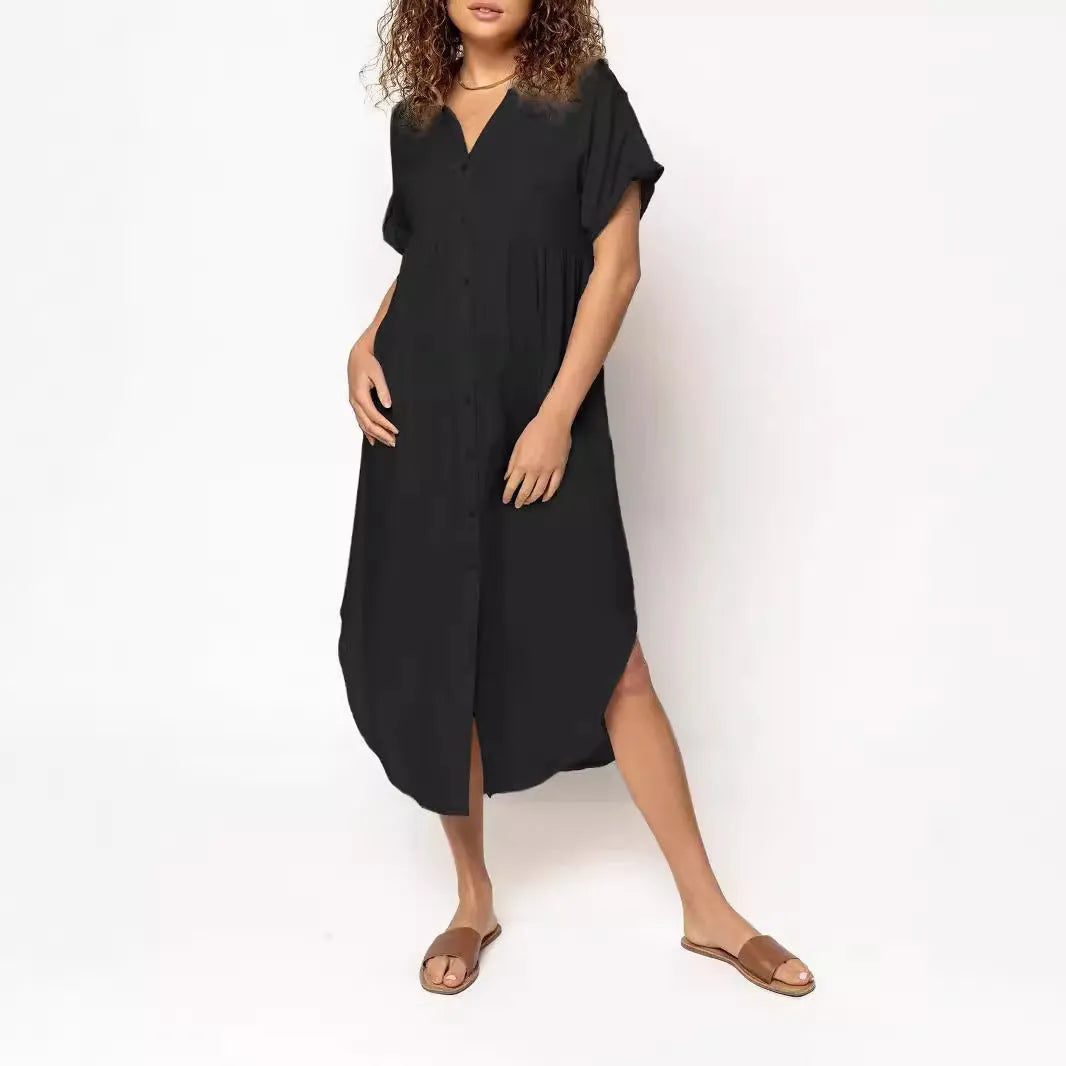 Button-front mid-length casual dress in loose fit available in multiple solid colours