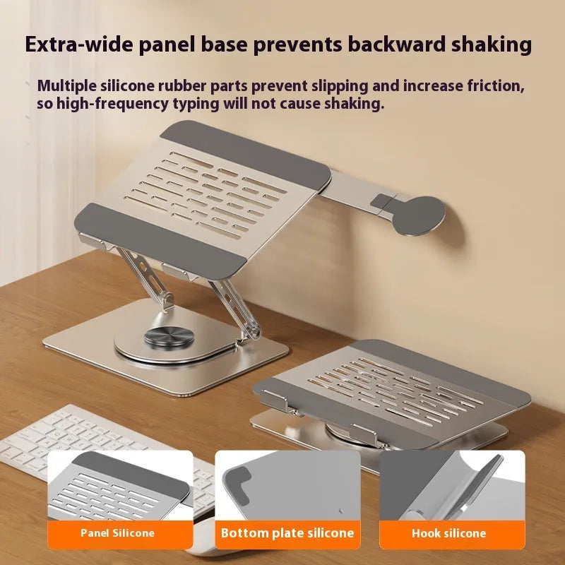 Silver carbon steel laptop stand with a rotating magnetic mobile phone holder attached.