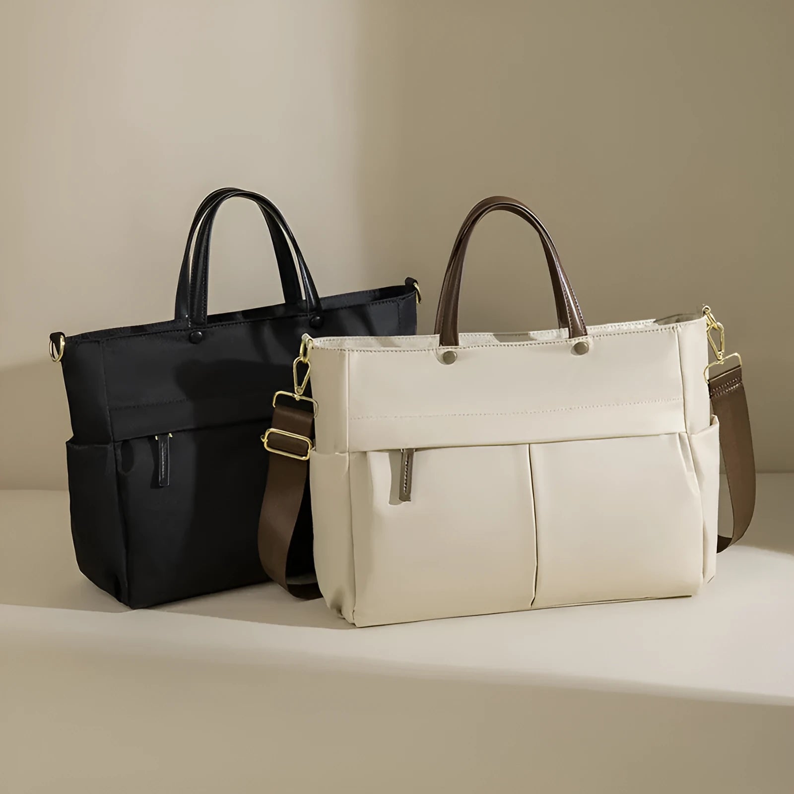 Portable oxford cloth laptop briefcase for women in elegant black with contrast stitching and large capacity.