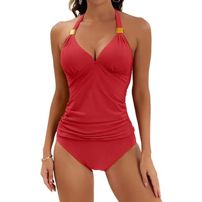 Women's red halter tie two piece swimsuit with briefs on a mannequin.