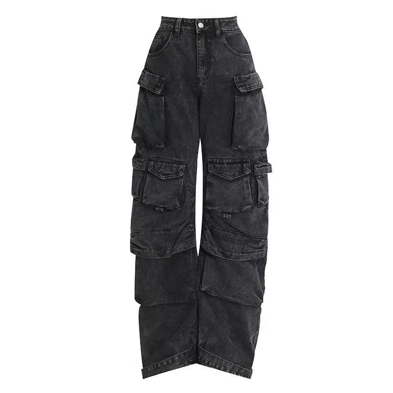 Women's tie-dyed high waist wide leg jeans with multiple pockets in street hipster style