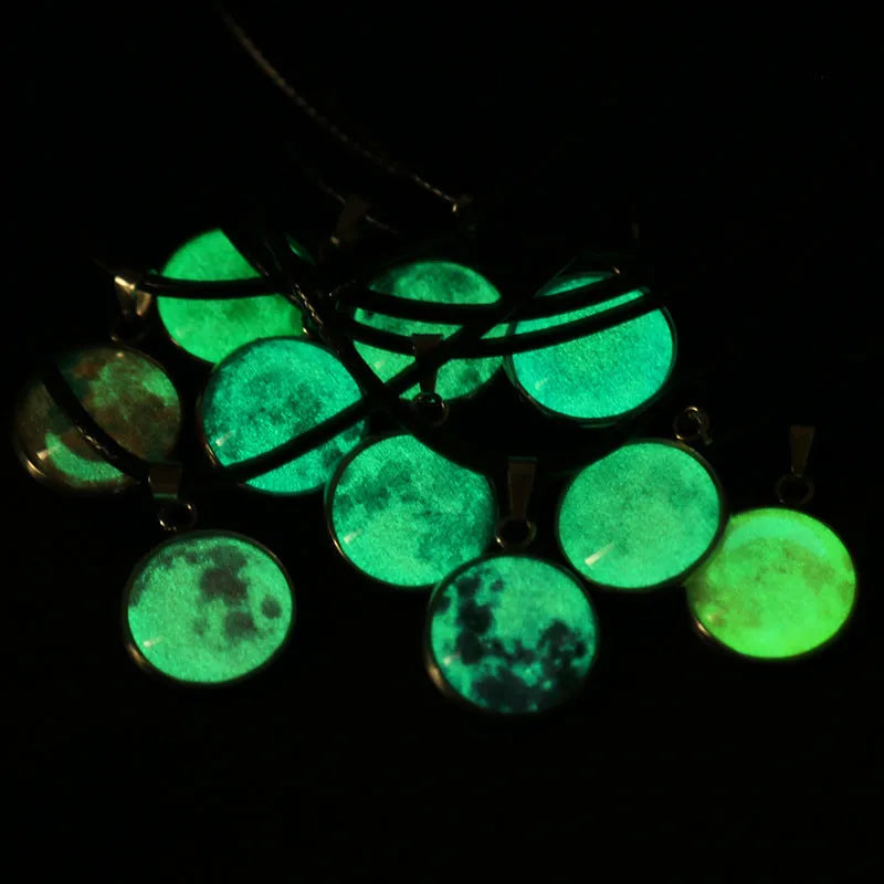 Christmas moon night sky luminous alloy pendant necklace with colourful glass constellation design