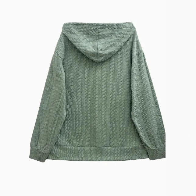 Green women's hooded sweater zipper coat with loose fit casual style