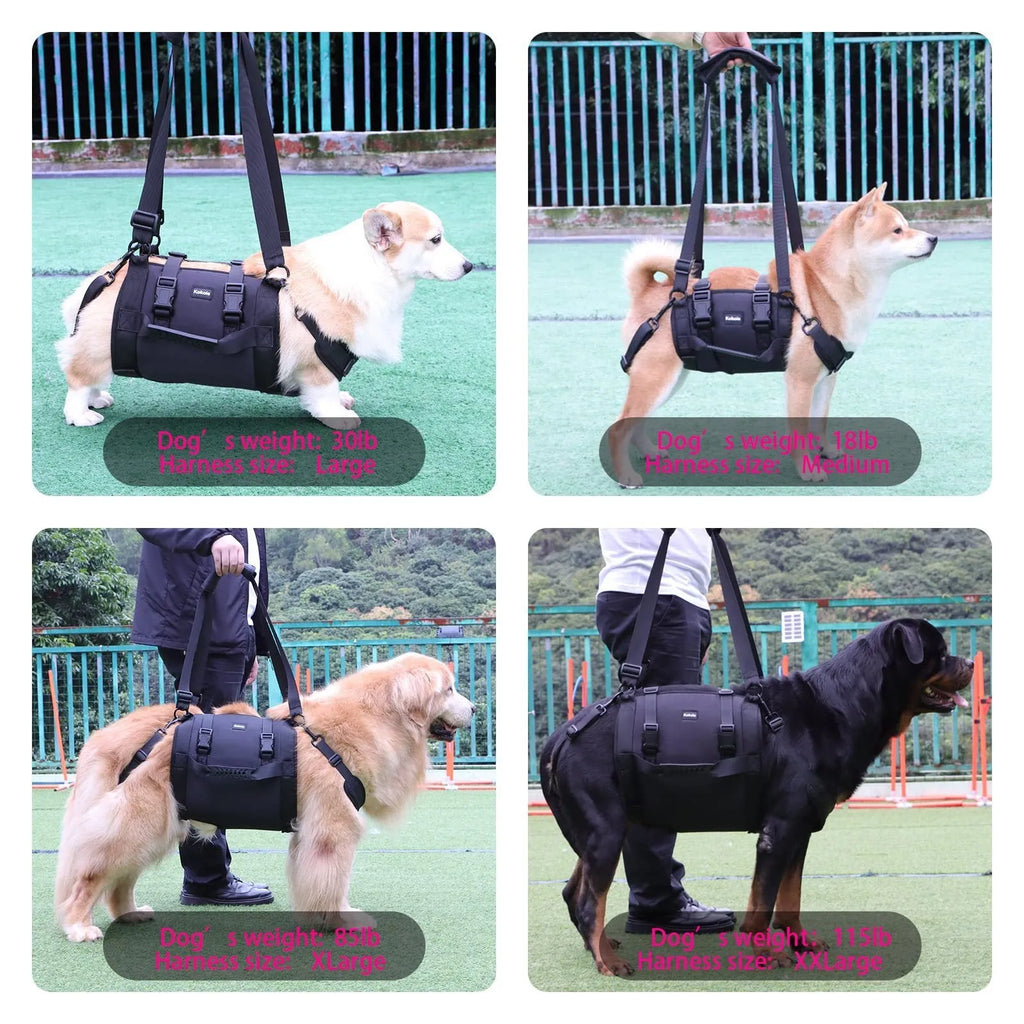 Black Oxford cloth dog harness with adjustable leg support straps for pet rehabilitation in sizes M to XXL