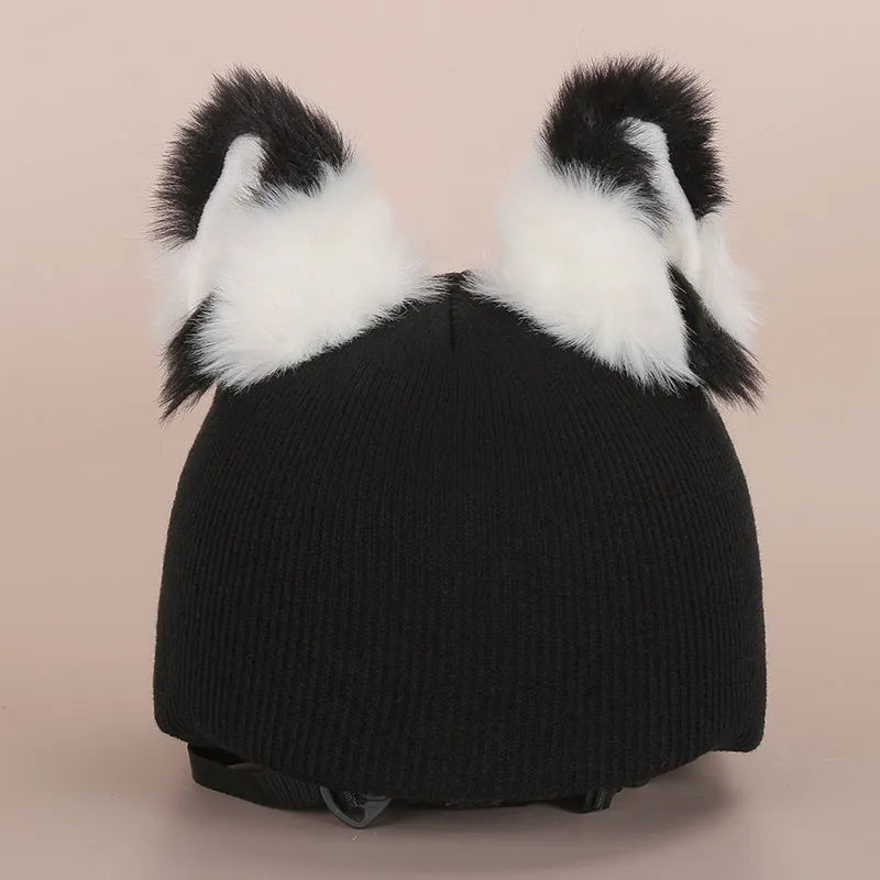 Plush fabric ski helmet decoration with cartoon design for winter gear customisation