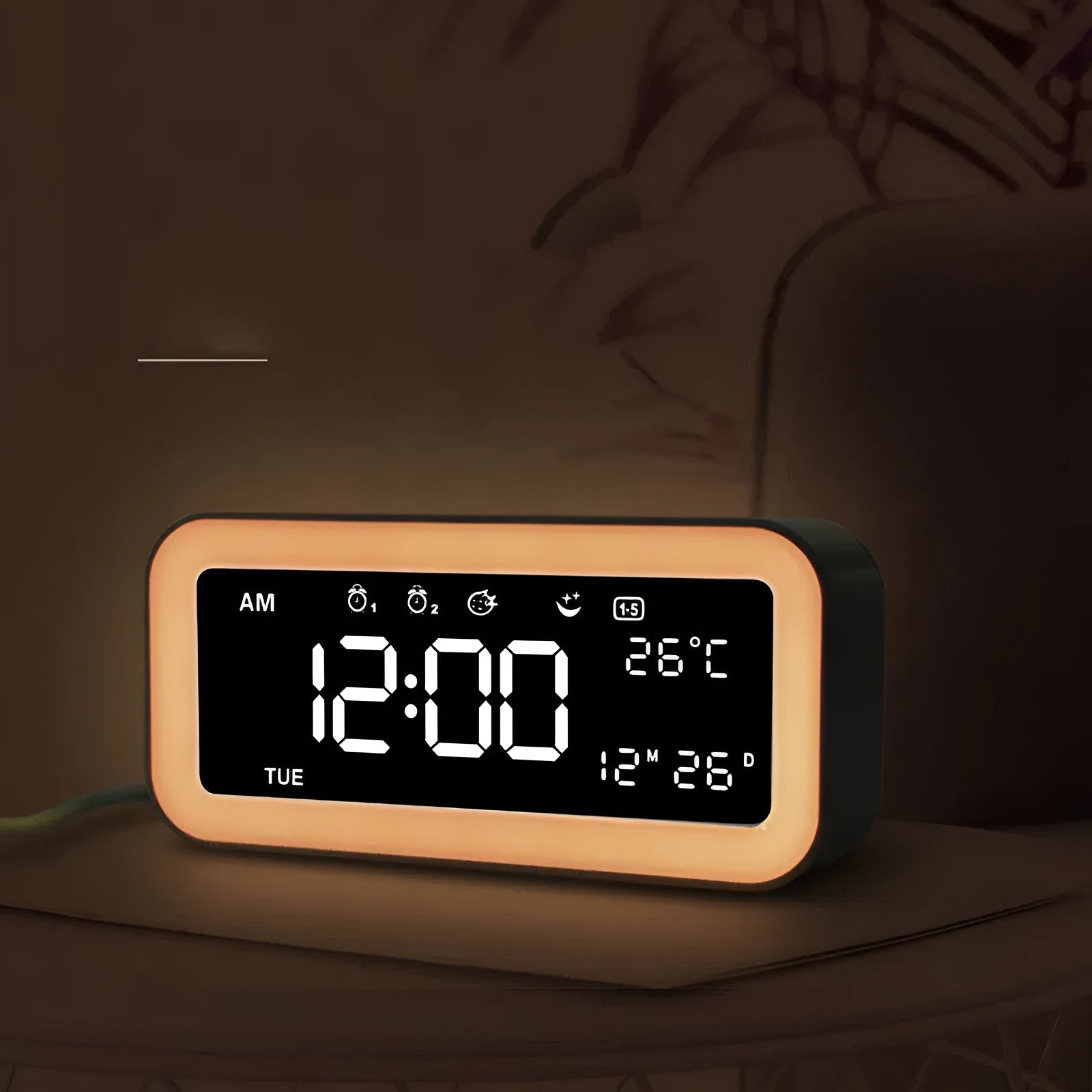 Rectangular LED digital alarm clock with multicolour ambient lighting and quartz glass display in blue colour