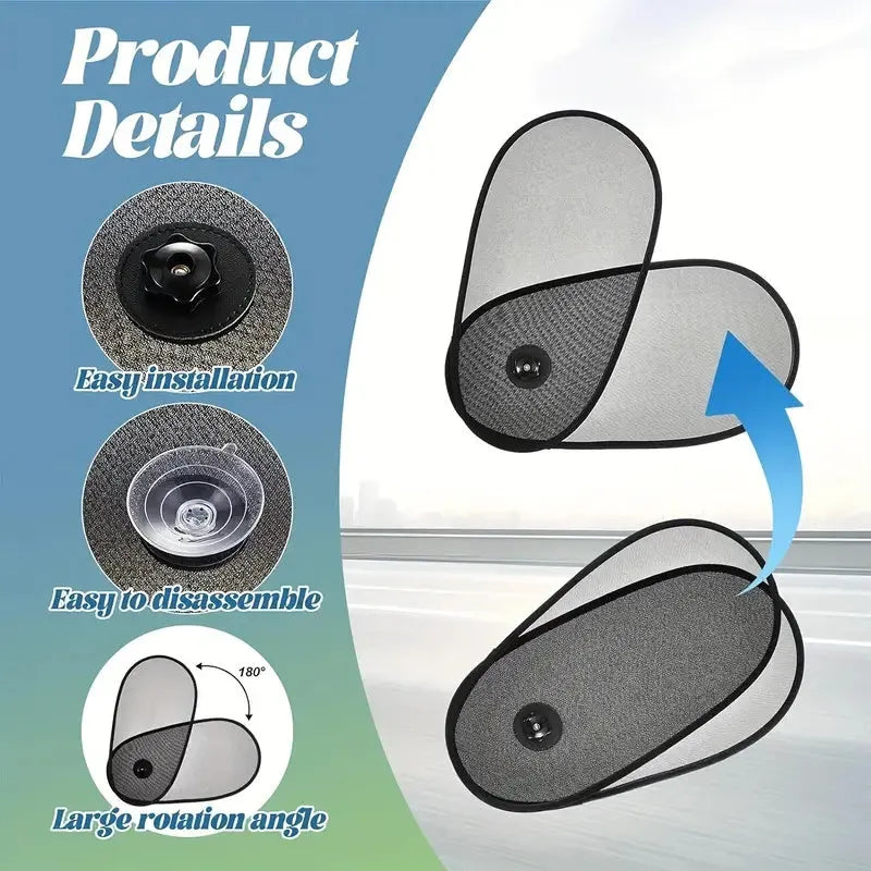 Black adjustable car side window sunshade with suction cups stretched across vehicle window