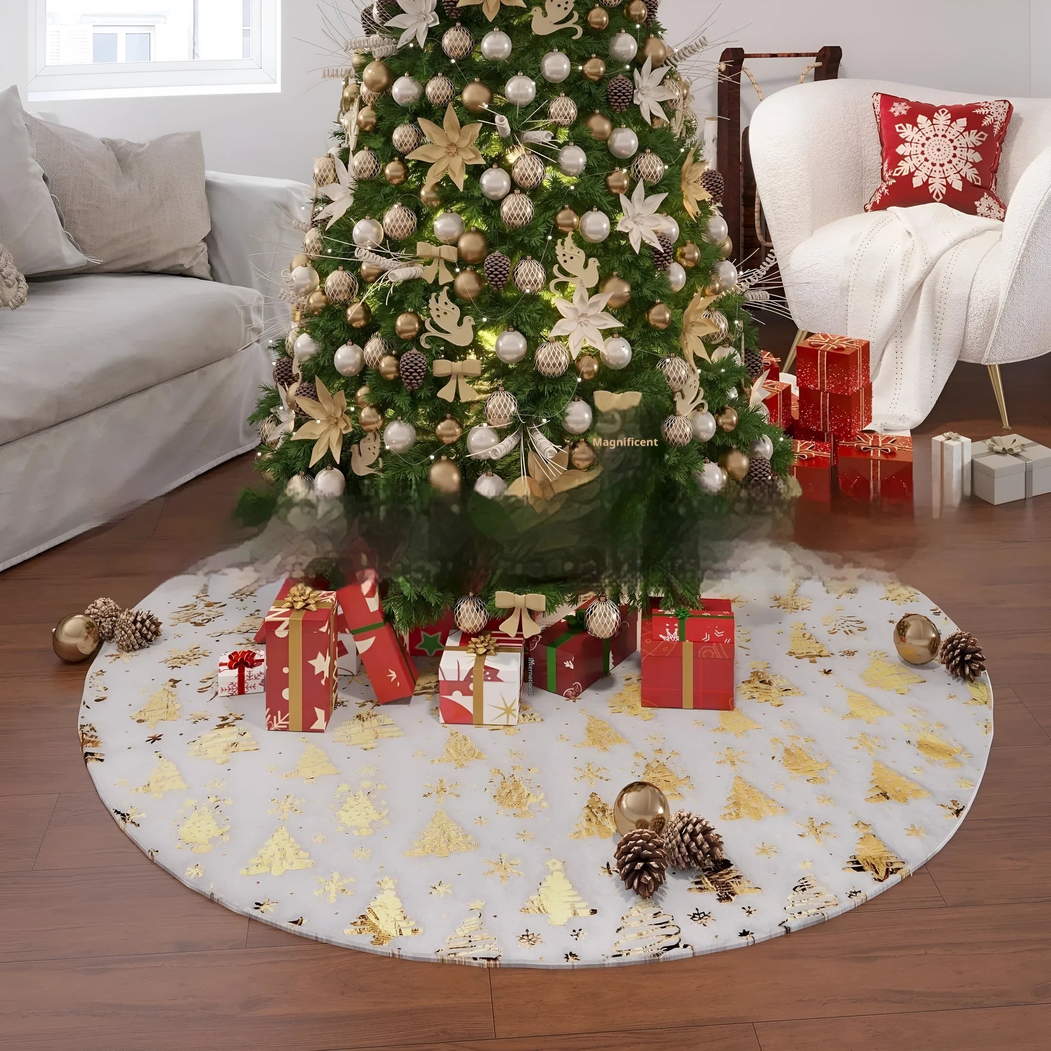 Plush Christmas tree rug with snowflake star motif in four size options on wooden floor