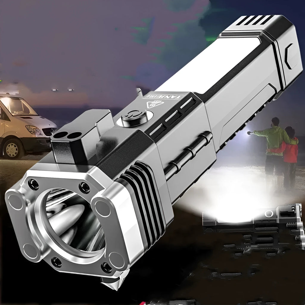 Silver portable LED flashlight with power bank function for outdoor emergency use