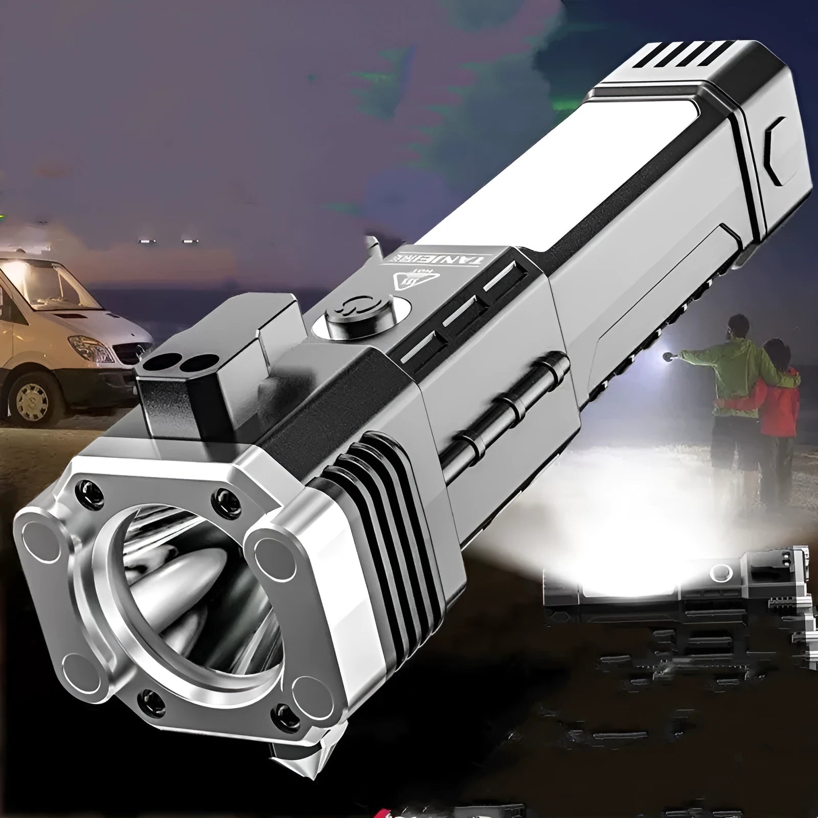 Silver portable LED flashlight with power bank function for outdoor emergency use