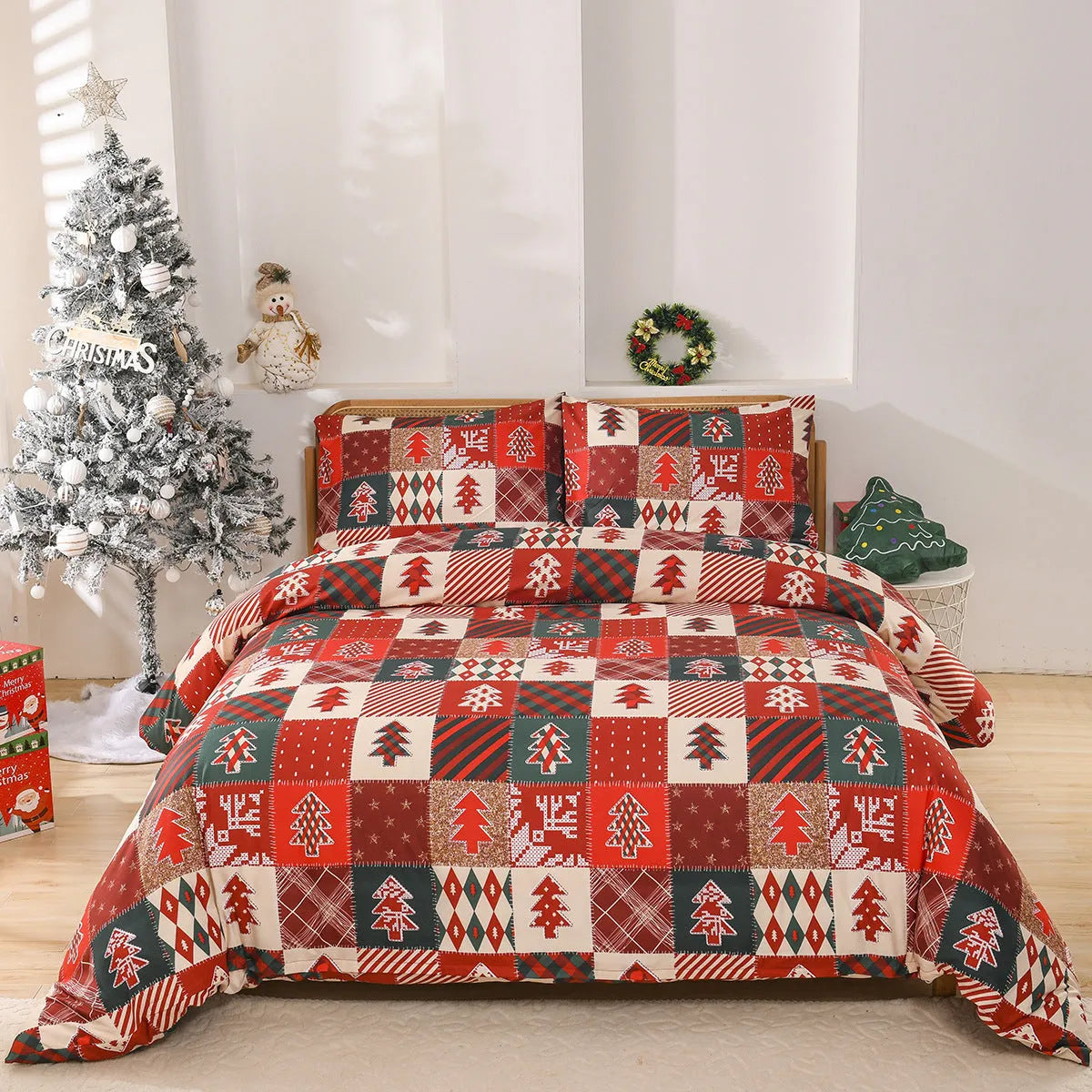 Christmas red and black plaid patterned quilt cover and pillowcases on a bed