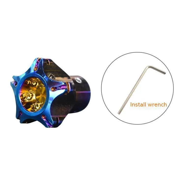Motorcycle key modification accessories showing hexagonal, pentagram and plum blossom designs in blue and white