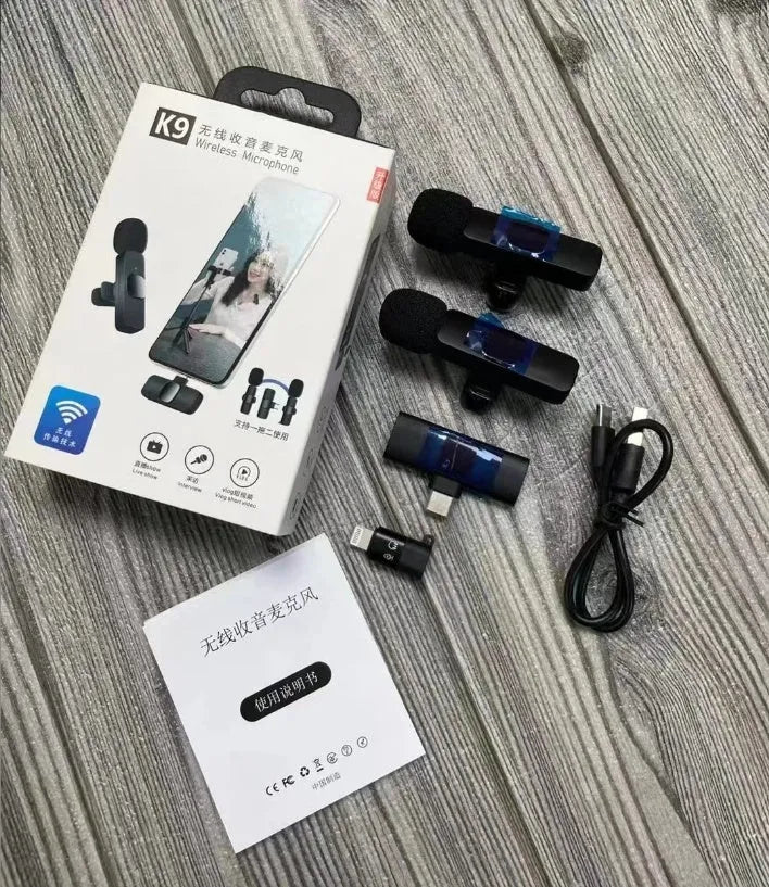 Wireless collar clip lavalier microphone with smartphone connector options for Type-C, Lightning, and 3.5mm jacks.