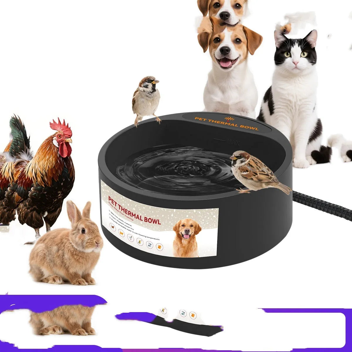Black pet heating bowl for cats and dogs with 2.2L capacity and constant temperature feature
